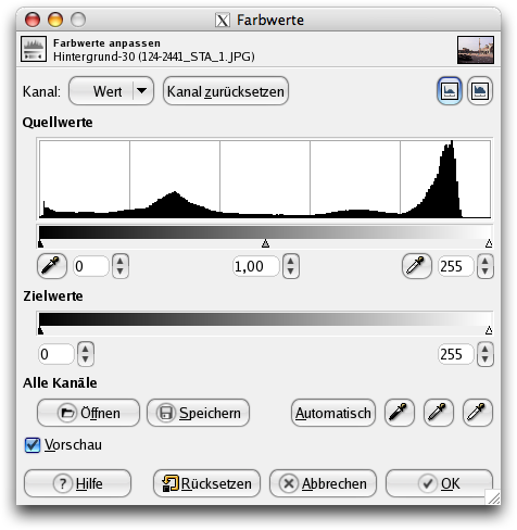 Das Dialogfenster des Werkzeuges Werte